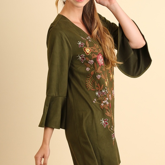 Floral Olive Bell Sleeve Embroidered Flower Dress - Picture 3 of 5